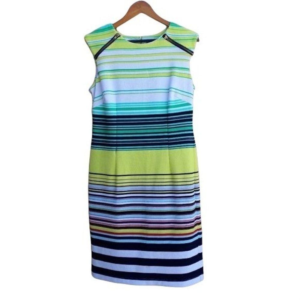 Retro Karin Stevens Zipper Accent Textured Sheath Dress Bright Striped Sz 12
